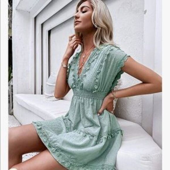 New Lace V Neck A Line Swiss Dot Cap Sleeve Short Swing Dress - Picture 3 of 5